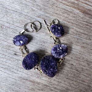 925 Sterling Purple Druzy Link Bracelet 7” Toggle Clasp Statement Boho 33.77g